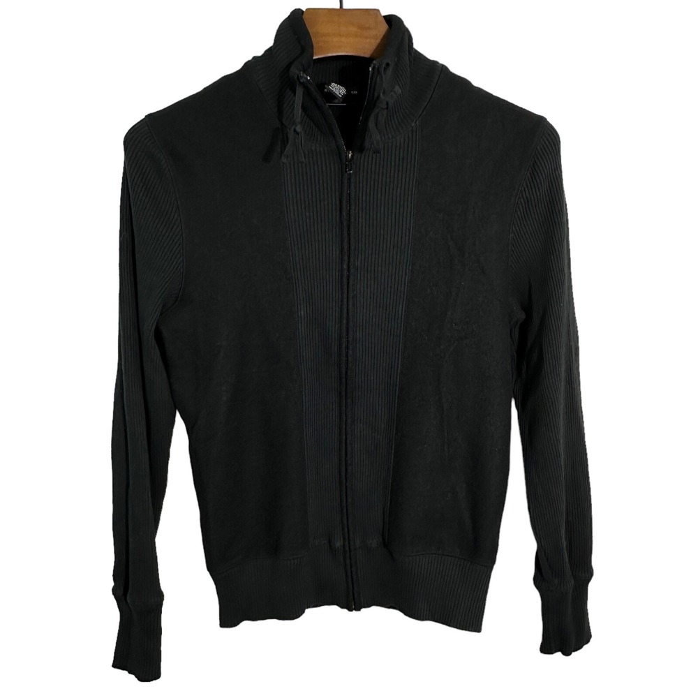 CLUB MONACO BLACK Full Zip Wool Sweater Ribbed Cotton Sleeves Size Medium
